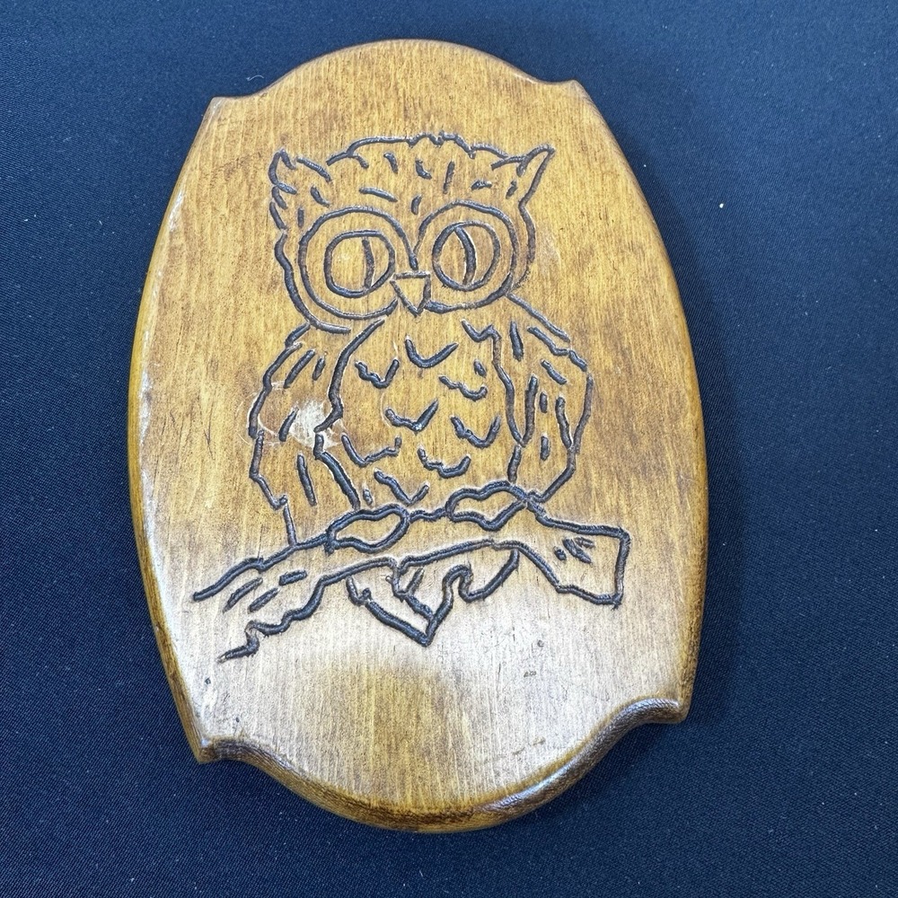 Vintage Wood Carved Owl Plaque